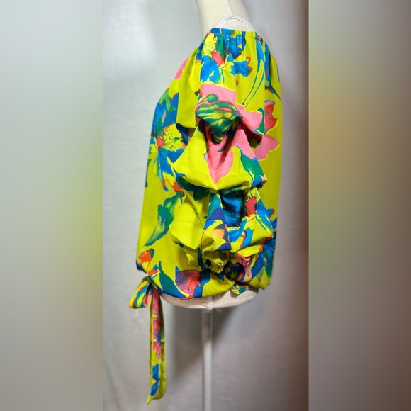 CeCe Off Shoulder Floral Blouse Women’s Size M Lime Green, Blue, and Pink - Picture 3 of 7